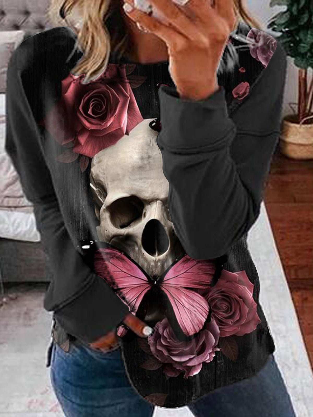 Women's T-Shirts Casual Skull Print Long Sleeve T-Shirt - T-Shirts - Instastyled | Online Fashion Free Shipping Clothing, Dresses, Tops, Shoes - 05/08/2022 - Color_Black - Color_Gray