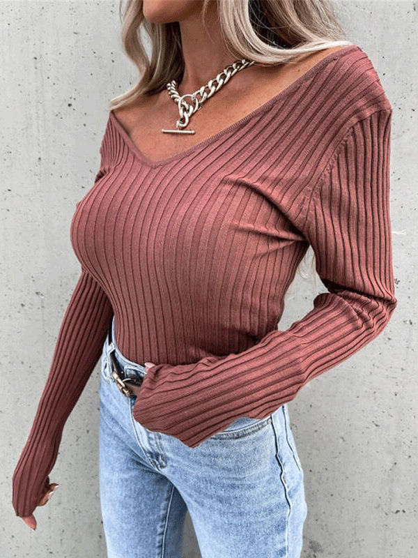 Women's T-Shirts Casual Slim Type Solid Long Sleeve T-Shirt - T-Shirts - INS | Online Fashion Free Shipping Clothing, Dresses, Tops, Shoes - 10-20 - 21/10/2021 - color-bean_paste