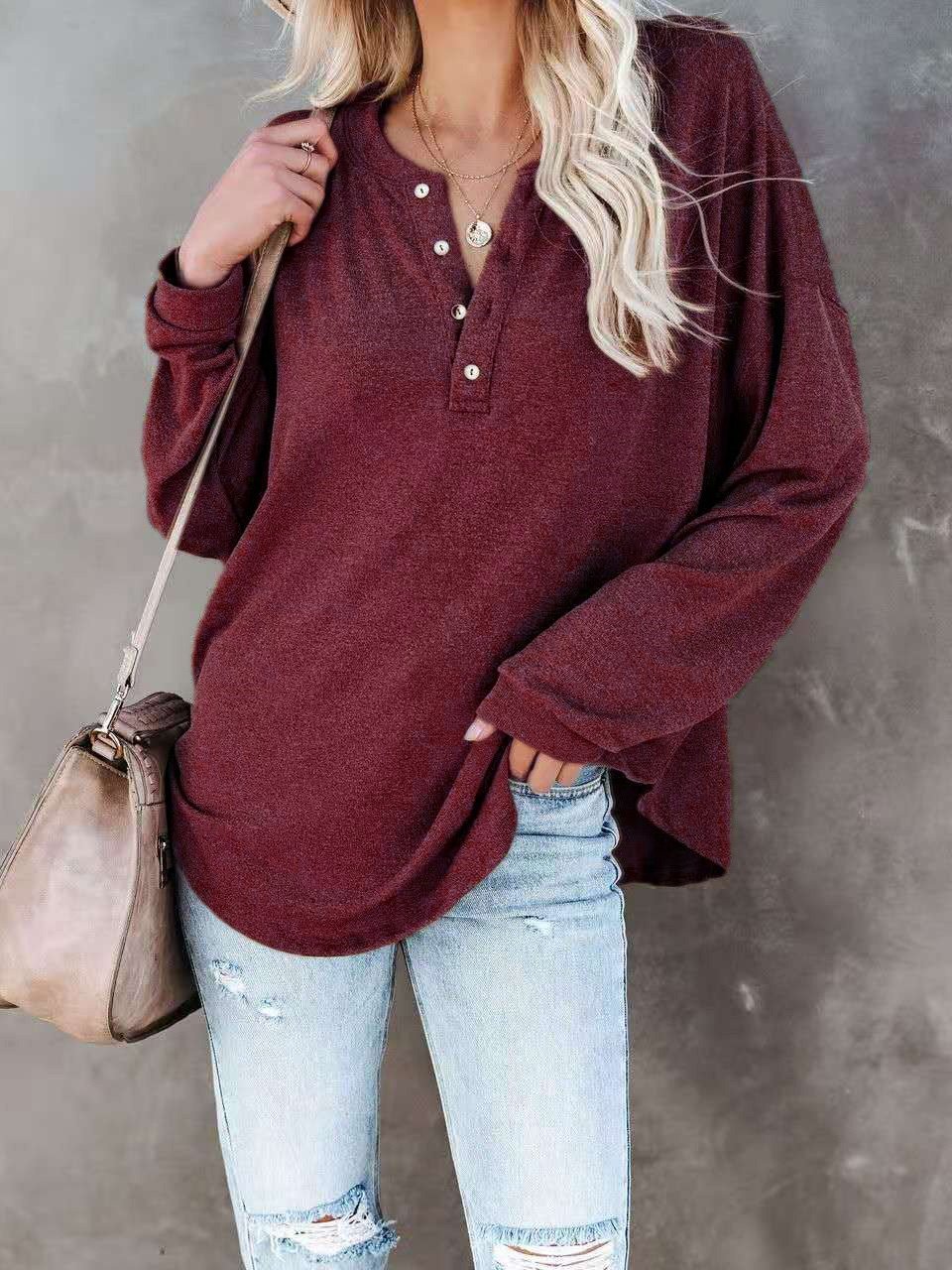 Women's T-Shirts Casual V-Neck Button Loose Cashmere Knit T-Shirts - T-Shirts - INS | Online Fashion Free Shipping Clothing, Dresses, Tops, Shoes - 09/08/2021 - 20-30 - Category_T-Shirts