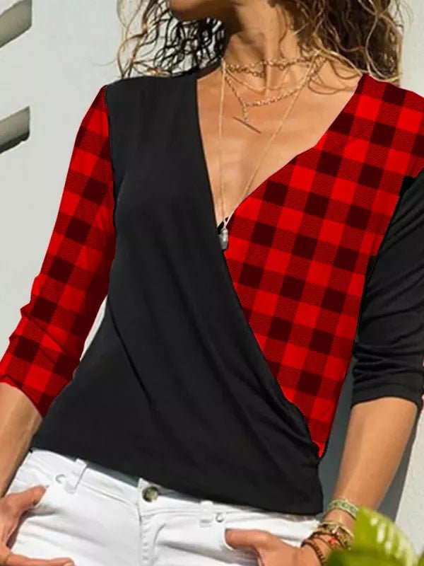 Women's T-Shirts Casual V-Neck Check Print Long Sleeve T-Shirt - T-Shirts - Instastyled | Online Fashion Free Shipping Clothing, Dresses, Tops, Shoes - 14/09/2022 - Color_Blue - Color_Gray