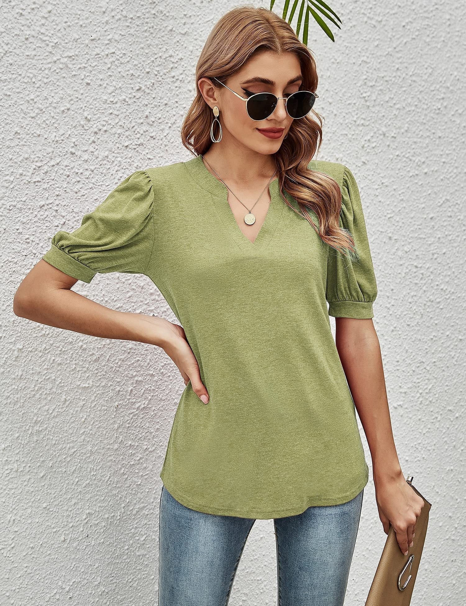 Women's T-Shirts Casual V-Neck Loose Puff Sleeve T-Shirt - T-Shirts - Instastyled | Online Fashion Free Shipping Clothing, Dresses, Tops, Shoes - 20-30 - 24/11/2022 - CE