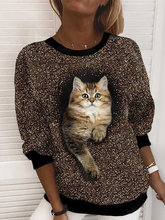 Women's T-Shirts Cat Print Round Neck Long Sleeve Casual T-Shirt - T-Shirts - Instastyled | Online Fashion Free Shipping Clothing, Dresses, Tops, Shoes - 08/09/2022 - Color_Brown - HDL