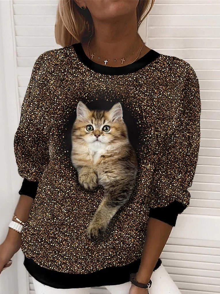 Women's T-Shirts Cat Print Round Neck Long Sleeve Casual T-Shirt - T-Shirts - Instastyled | Online Fashion Free Shipping Clothing, Dresses, Tops, Shoes - 08/09/2022 - Color_Brown - HDL