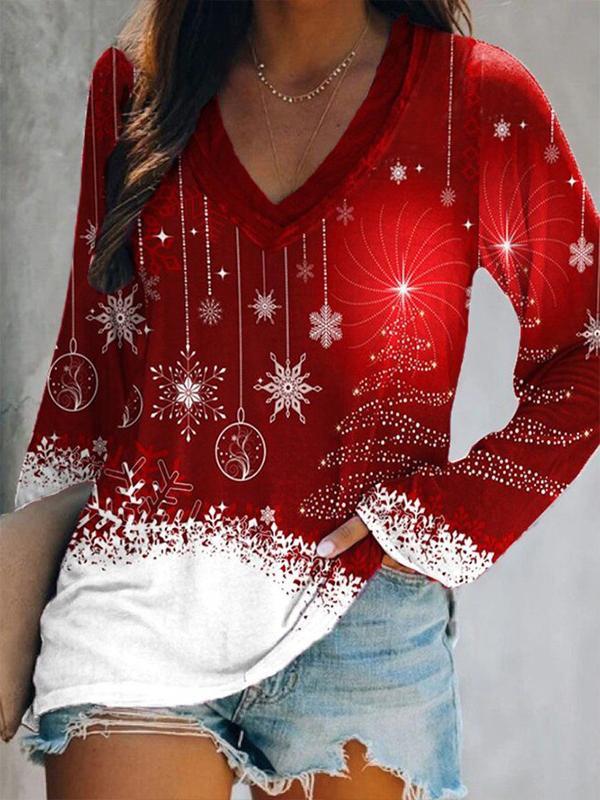 Women's T-Shirts Christmas V-Neck Long Sleeve Casual T-Shirt - T-Shirts - INS | Online Fashion Free Shipping Clothing, Dresses, Tops, Shoes - 05/11/2021 - 20-30 - color-red