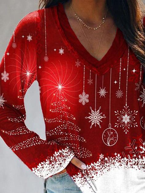 Women's T-Shirts Christmas V-Neck Long Sleeve Casual T-Shirt - T-Shirts - INS | Online Fashion Free Shipping Clothing, Dresses, Tops, Shoes - 05/11/2021 - 20-30 - color-red