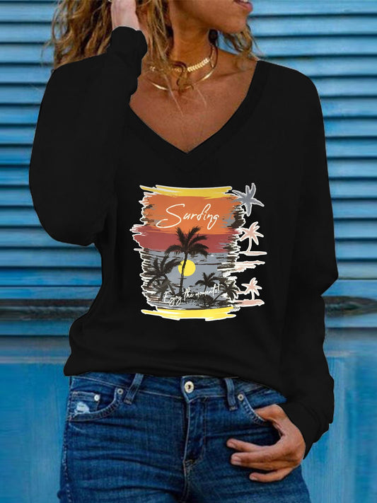 Women's T-Shirts Coconut Print V-Neck Long Sleeve T-Shirt - MsDressly