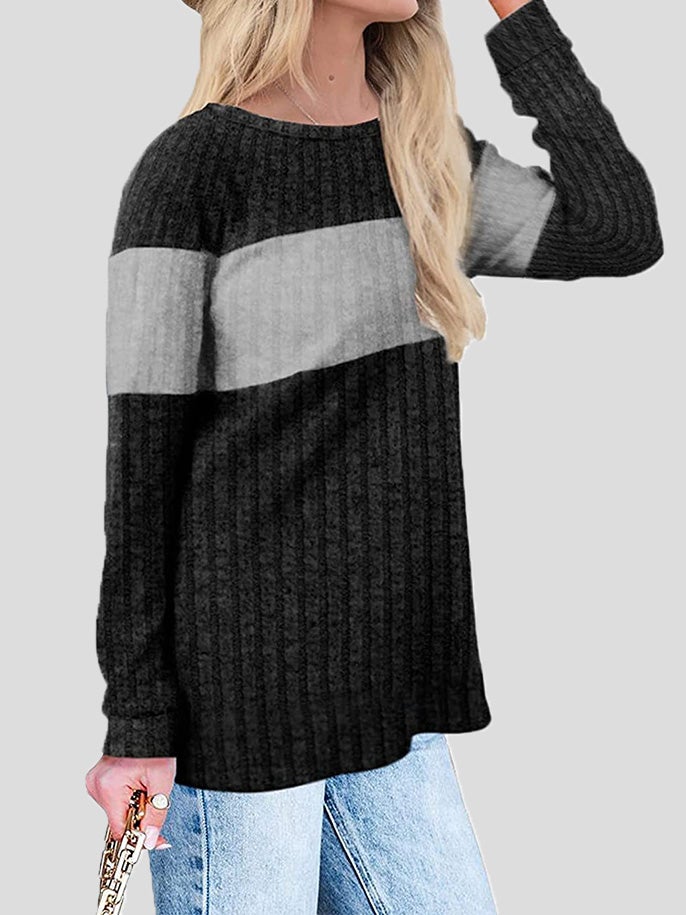 Women's T-Shirts Colorblock Round Neck Long Sleeve T-Shirt - T-Shirts - Instastyled | Online Fashion Free Shipping Clothing, Dresses, Tops, Shoes - 20-30 - 28/12/2021 - color-black