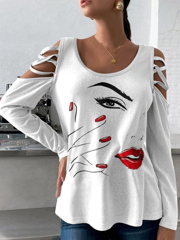 Women's T-Shirts Cool Face Print Round Neck Off Shoulder Long Sleeve T-Shirt - T-Shirts - INS | Online Fashion Free Shipping Clothing, Dresses, Tops, Shoes - 12/10/2021 - 20-30 - color-white