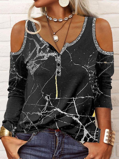 Women's T-Shirts Crackle Print Off Shoulder Long Sleeve T-Shirt - T-Shirts - INS | Online Fashion Free Shipping Clothing, Dresses, Tops, Shoes - 02/11/2021 - 20-30 - color-black