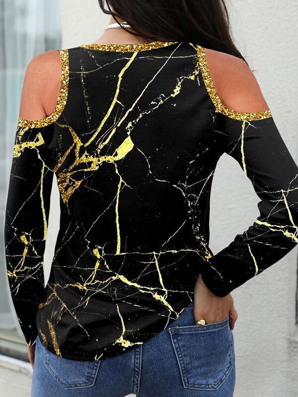 Women's T-Shirts Crackle Print Off Shoulder Long Sleeve T-Shirt - T-Shirts - INS | Online Fashion Free Shipping Clothing, Dresses, Tops, Shoes - 02/11/2021 - 20-30 - color-black