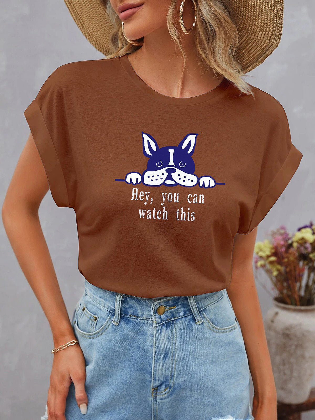 Women's T-Shirts Cute Dolman Short Sleeve Round Neck Dog Print T-Shirt - T-Shirts - Instastyled | Online Fashion Free Shipping Clothing, Dresses, Tops, Shoes - 15/12/2022 - Color_Black - Color_Brown