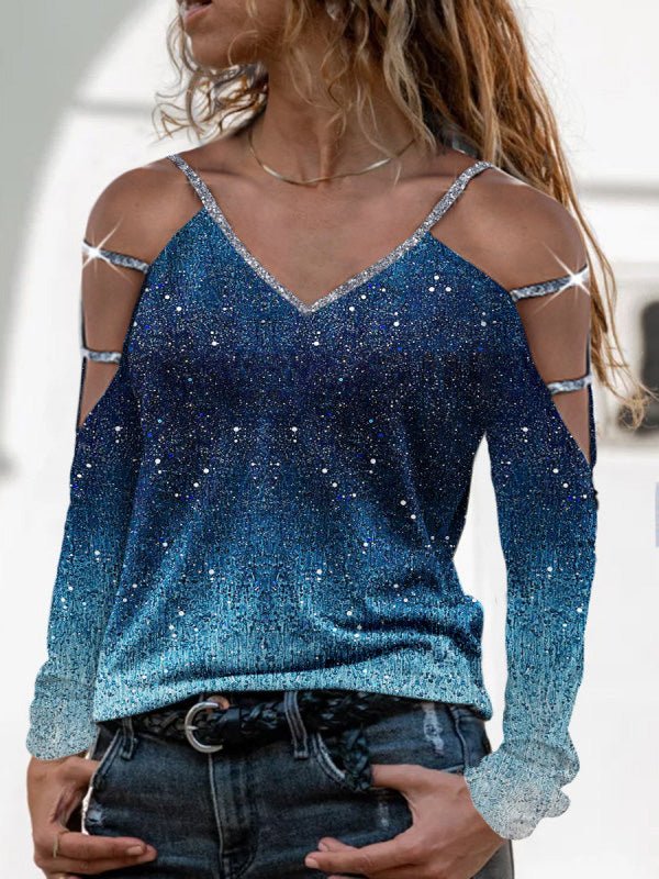 Women's T-Shirts Cutout Shiny Strap Long Sleeve T-Shirt - T-Shirts - Instastyled | Online Fashion Free Shipping Clothing, Dresses, Tops, Shoes - 16/02/2022 - 20-30 - color-blue