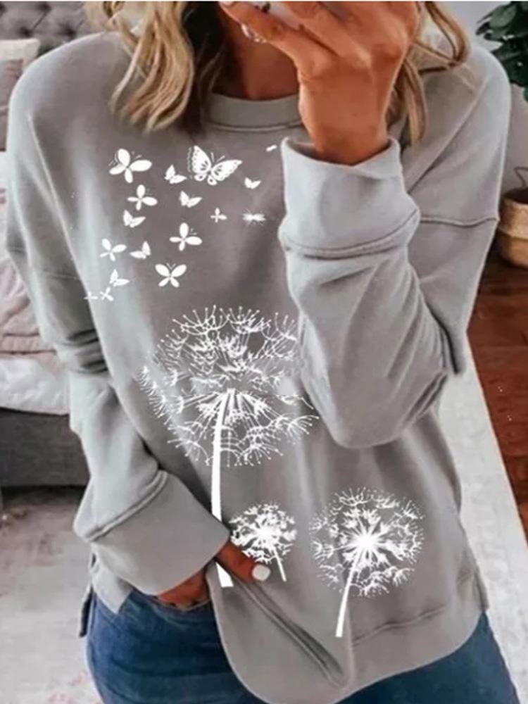 Women's T-Shirts Dandelion Butterfly Print Round Neck Long Sleeve T-Shirts - T-Shirts - INS | Online Fashion Free Shipping Clothing, Dresses, Tops, Shoes - 10/09/2021 - 20-30 - Category_T-Shirts