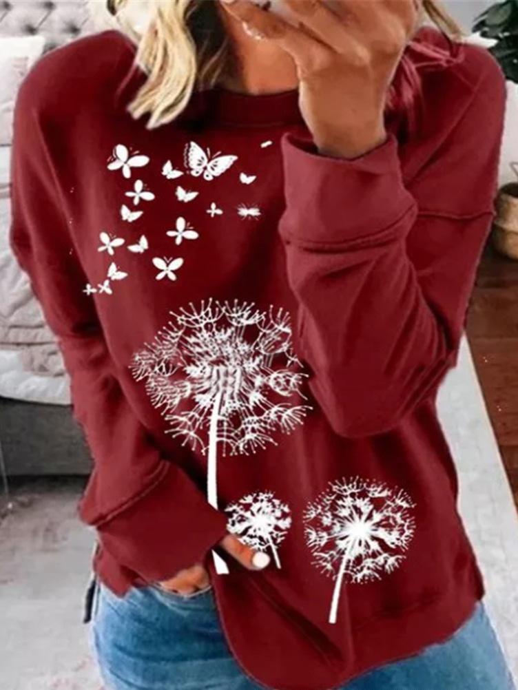 Women's T-Shirts Dandelion Butterfly Print Round Neck Long Sleeve T-Shirts - T-Shirts - INS | Online Fashion Free Shipping Clothing, Dresses, Tops, Shoes - 10/09/2021 - 20-30 - Category_T-Shirts