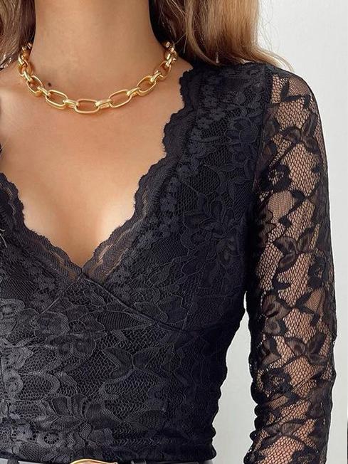 Women's T-Shirts Deep V-Neck Lace Long Sleeve T-Shirt - T-Shirts - INS | Online Fashion Free Shipping Clothing, Dresses, Tops, Shoes - 15/11/2021 - Color_Black - HDL