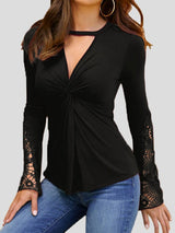 Women's T-Shirts Deep V Neck Lace Panel Long Sleeve T-Shirts - T-Shirts - Instastyled | Online Fashion Free Shipping Clothing, Dresses, Tops, Shoes - 14/01/2022 - 20-30 - color-black