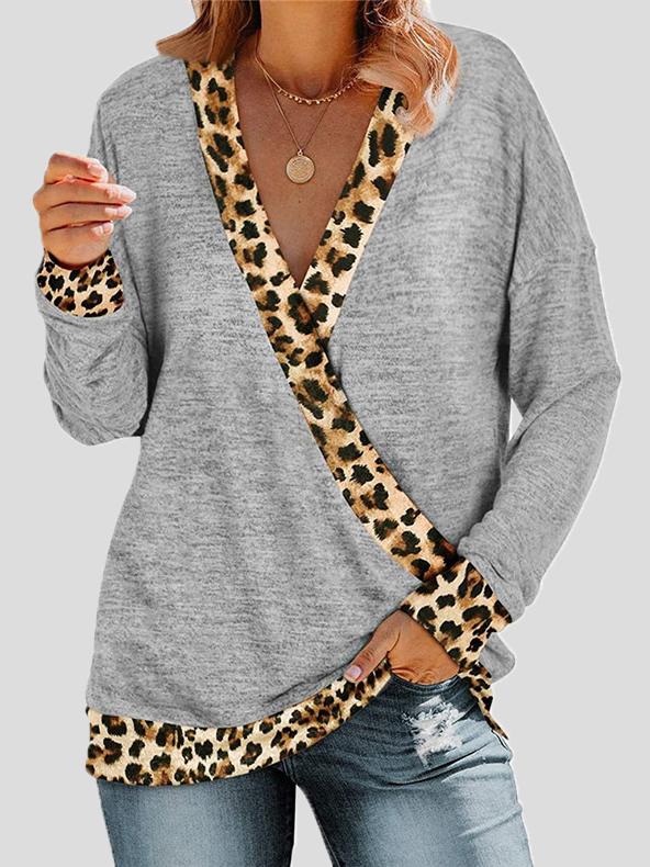 Women's T-Shirts Deep V-neck Leopard Print Long Sleeve T-Shirt - T-Shirts - INS | Online Fashion Free Shipping Clothing, Dresses, Tops, Shoes - 10-20 - 27/10/2021 - color-black