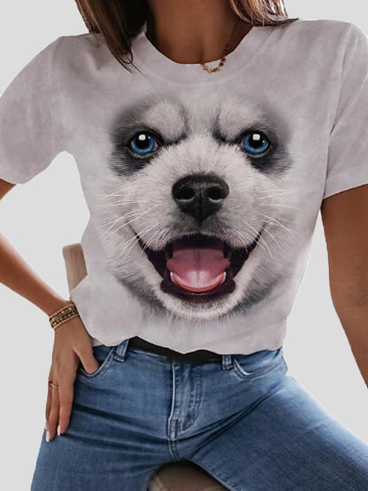 Women's T-Shirts Dog Print Round Neck Short Sleeve T-Shirt - T-Shirts - Instastyled | Online Fashion Free Shipping Clothing, Dresses, Tops, Shoes - 19/01/2022 - 20-30 - color-gray