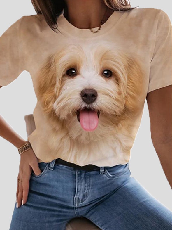Women's T-Shirts Dog Print Round Neck Short Sleeve T-Shirt - T-Shirts - Instastyled | Online Fashion Free Shipping Clothing, Dresses, Tops, Shoes - 19/01/2022 - 20-30 - color-gray