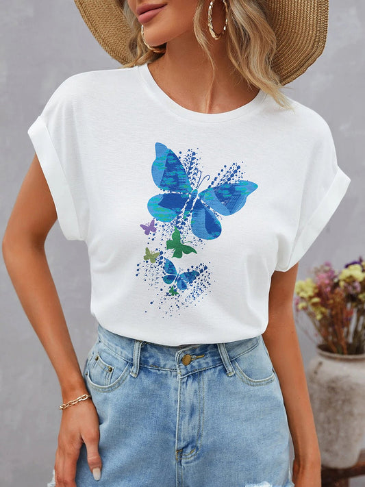 Women's T-Shirts Dolman Short Sleeve Round Neck Butterflies Print T-Shirt - MsDressly