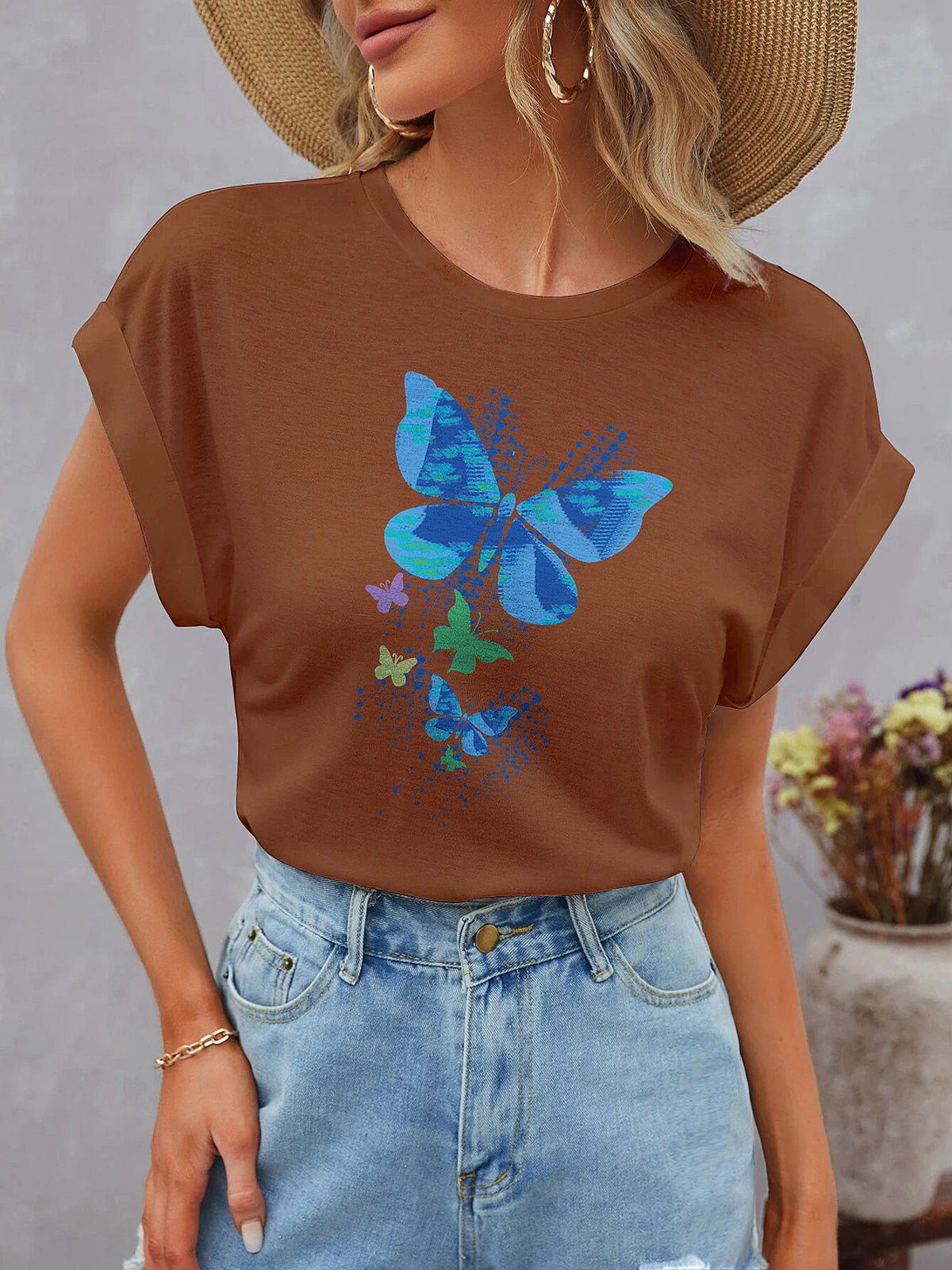 Women's T-Shirts Dolman Short Sleeve Round Neck Butterflies Print T-Shirt - MsDressly