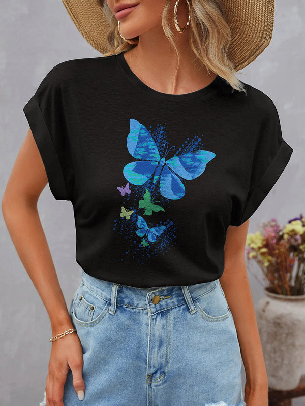 Women's T-Shirts Dolman Short Sleeve Round Neck Butterflies Print T-Shirt - MsDressly