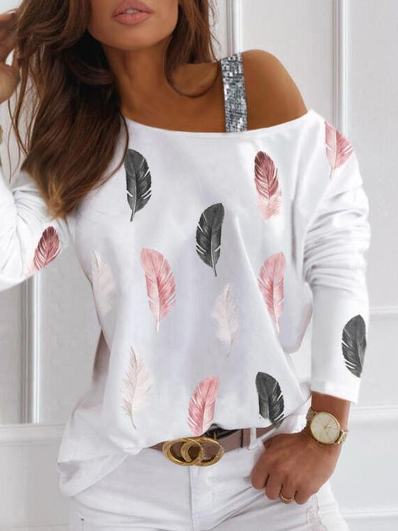 Women's T-Shirts Feather Print Long Sleeve Off-Shoulder T-Shirt - T-Shirts - INS | Online Fashion Free Shipping Clothing, Dresses, Tops, Shoes - 16/09/2021 - 20-30 - Category_T-Shirts