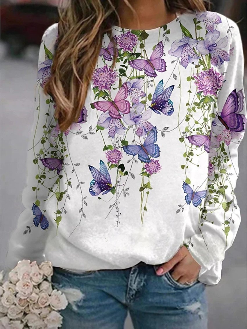 Women's T-Shirts Floral Butterfly Print Round Neck Long Sleeve T-Shirts - T-Shirts - INS | Online Fashion Free Shipping Clothing, Dresses, Tops, Shoes - 20-30 - 21/08/2021 - Category_T-Shirts