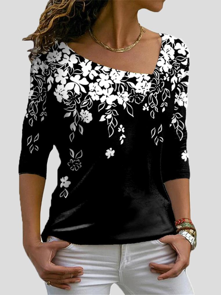 Women's T-Shirts Floral Print Big V-Neck Long Sleeve T-Shirts - T-Shirts - INS | Online Fashion Free Shipping Clothing, Dresses, Tops, Shoes - 10-20 - 17/09/2021 - Category_T-Shirts