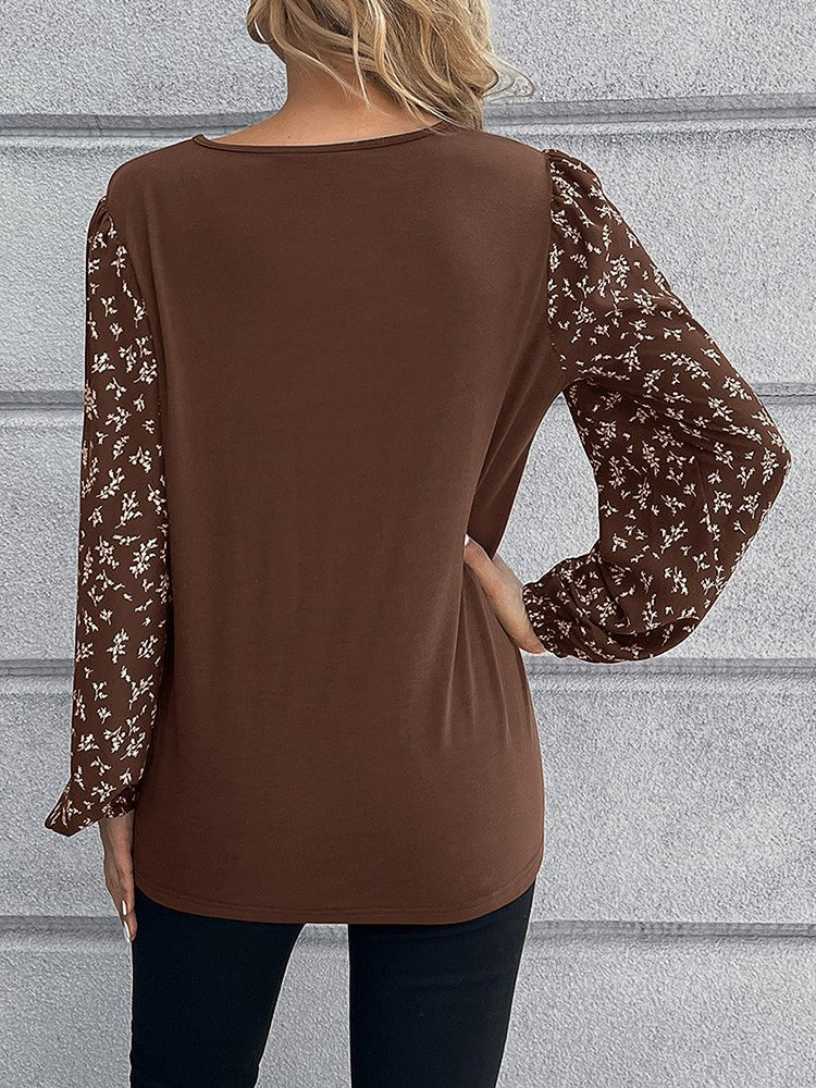 Women's T-Shirts Floral Stitching Round Neck Long Sleeve T-Shirt - MsDressly