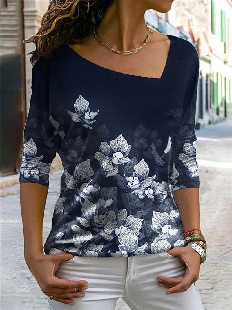 Women's T-Shirts Flower And Leaf Print V-Neck Long Sleeve T-Shirt - T-Shirts - INS | Online Fashion Free Shipping Clothing, Dresses, Tops, Shoes - 10/09/2021 - 20-30 - Category_T-Shirts