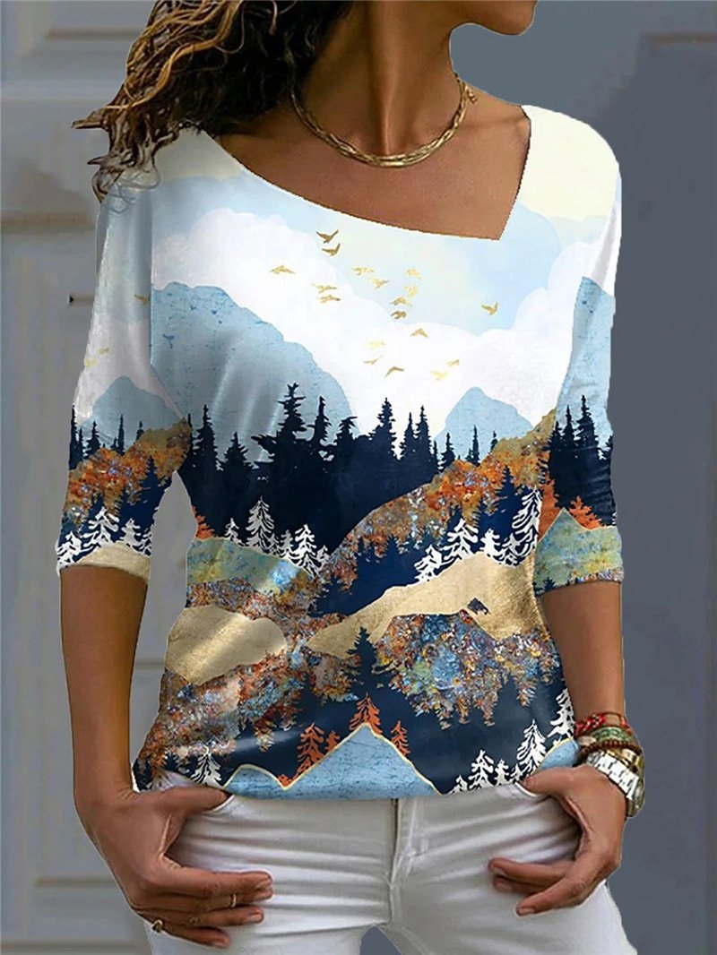 Women's T-Shirts Flower And Leaf Print V-Neck Long Sleeve T-Shirt - T-Shirts - INS | Online Fashion Free Shipping Clothing, Dresses, Tops, Shoes - 10/09/2021 - 20-30 - Category_T-Shirts