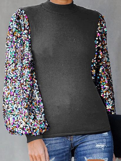 Women's T-Shirts Half High Collar Sequin Stitching Lantern Long Sleeve T-Shirts - T-Shirts - INS | Online Fashion Free Shipping Clothing, Dresses, Tops, Shoes - 01/09/2021 - 20-30 - Category_T-Shirts