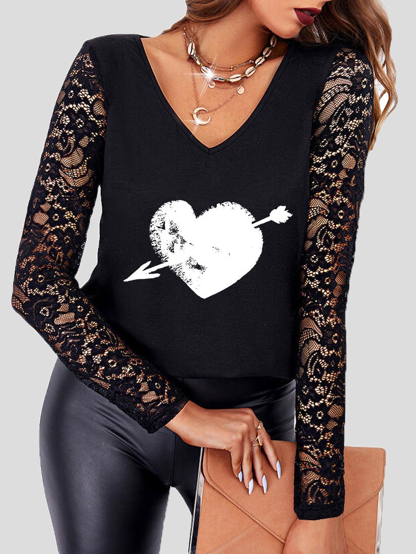 Women's T-Shirts Heart Print V-Neck Lace Long Sleeve T-Shirt - T-Shirts - Instastyled | Online Fashion Free Shipping Clothing, Dresses, Tops, Shoes - 20-30 - 20/01/2022 - color-black
