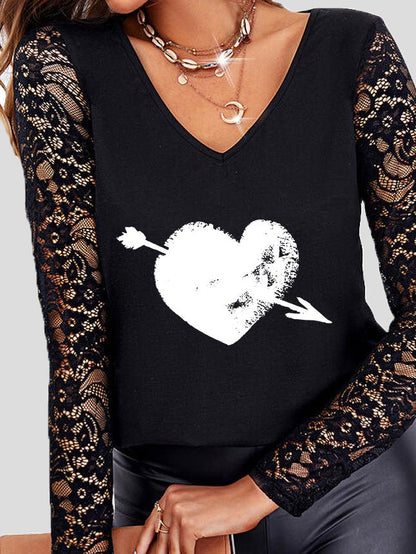 Women's T-Shirts Heart Print V-Neck Lace Long Sleeve T-Shirt - T-Shirts - Instastyled | Online Fashion Free Shipping Clothing, Dresses, Tops, Shoes - 20-30 - 20/01/2022 - color-black