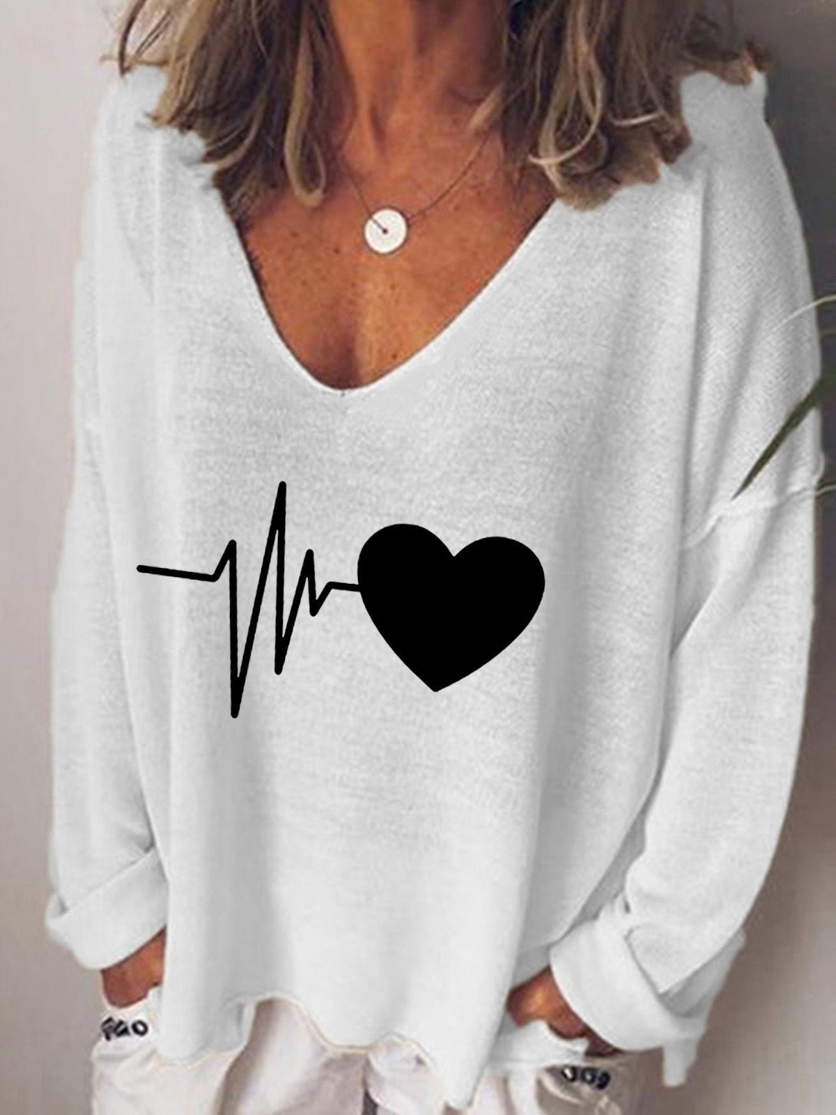 Women's T-Shirts Heartbeat Print V-Neck Long Sleeve T-Shirt - T-Shirts - Instastyled | Online Fashion Free Shipping Clothing, Dresses, Tops, Shoes - 13/08/2022 - Color_Black - Color_Blue