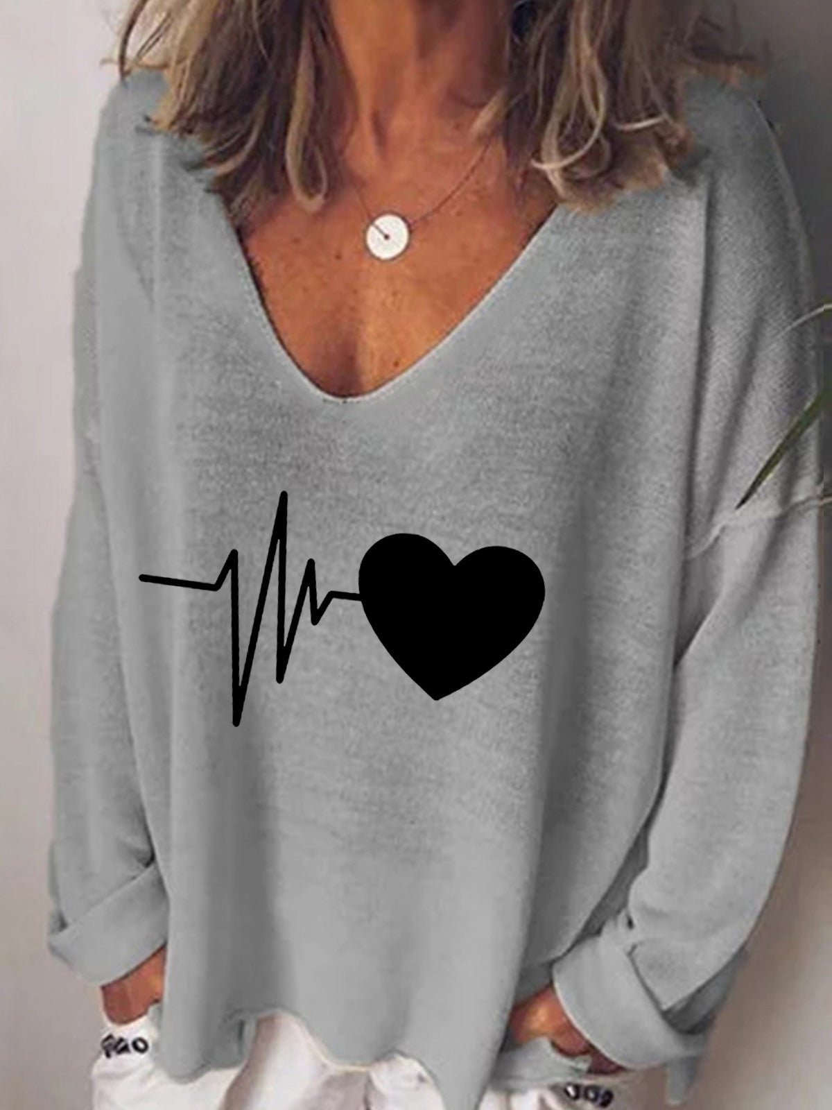 Women's T-Shirts Heartbeat Print V-Neck Long Sleeve T-Shirt - T-Shirts - Instastyled | Online Fashion Free Shipping Clothing, Dresses, Tops, Shoes - 13/08/2022 - Color_Black - Color_Blue