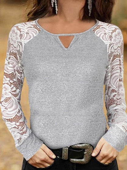 Women's T-Shirts Hollow Lace Long Sleeve Round Neck T-Shirts - T-Shirts - INS | Online Fashion Free Shipping Clothing, Dresses, Tops, Shoes - 13/09/2021 - 20-30 - Category_T-Shirts