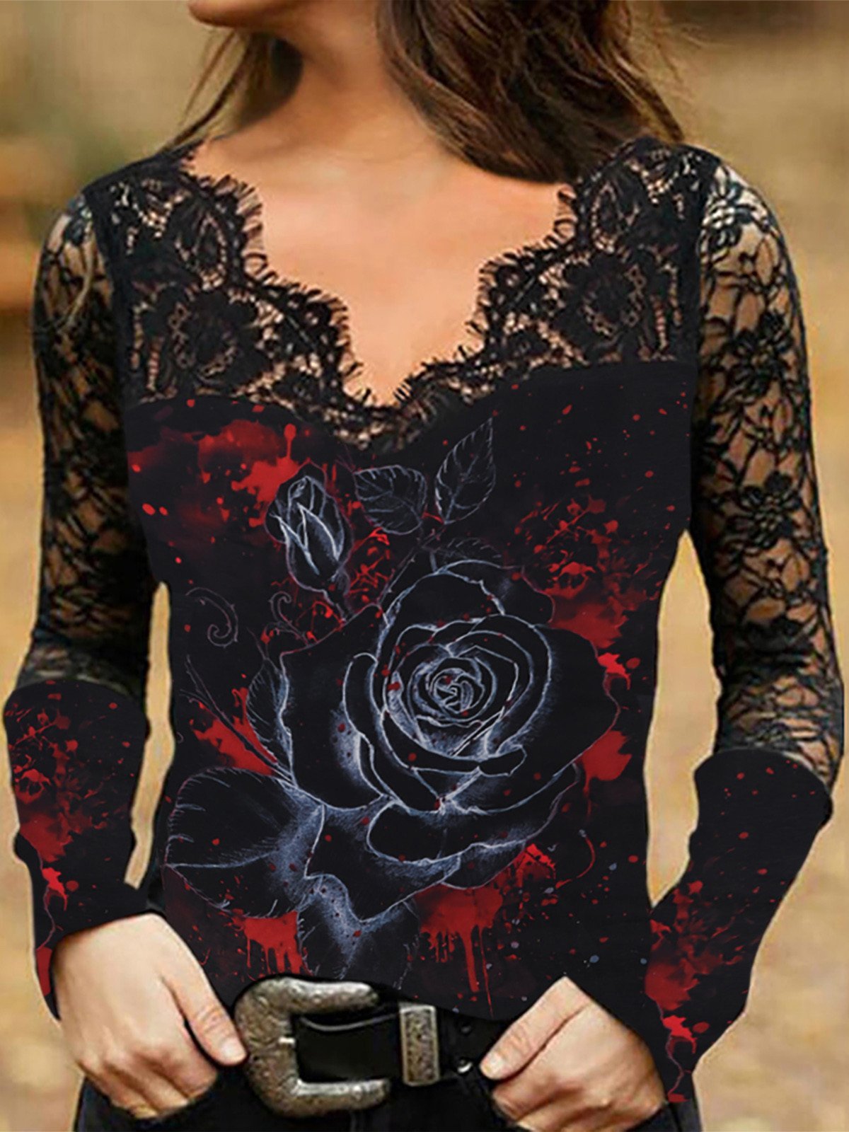 Women's T-Shirts Hollow Lace Skull V-Neck Long Sleeve T-Shirt - T-Shirts - INS | Online Fashion Free Shipping Clothing, Dresses, Tops, Shoes - 08/10/2021 - 20-30 - color-black