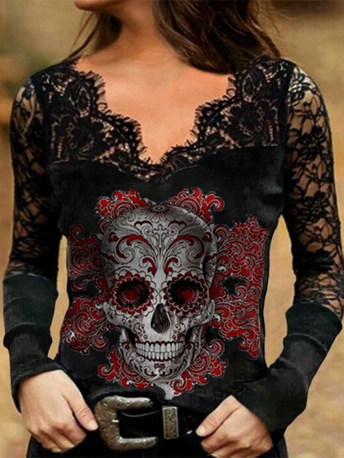 Women's T-Shirts Hollow Lace Skull V-Neck Long Sleeve T-Shirt - T-Shirts - INS | Online Fashion Free Shipping Clothing, Dresses, Tops, Shoes - 08/10/2021 - 20-30 - color-black