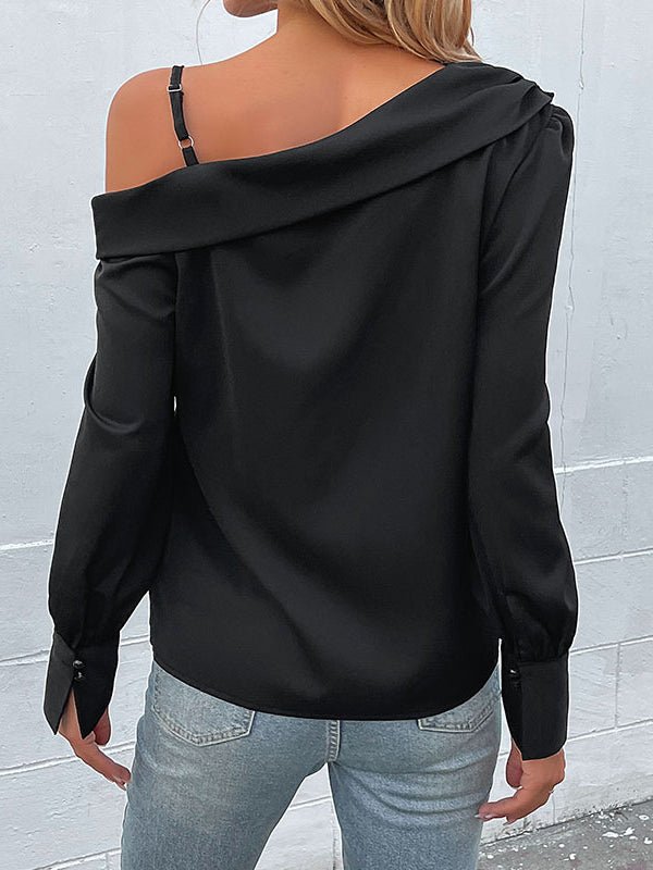 Women's T-Shirts Irregular Black Strap Long Sleeve T-Shirt - MsDressly