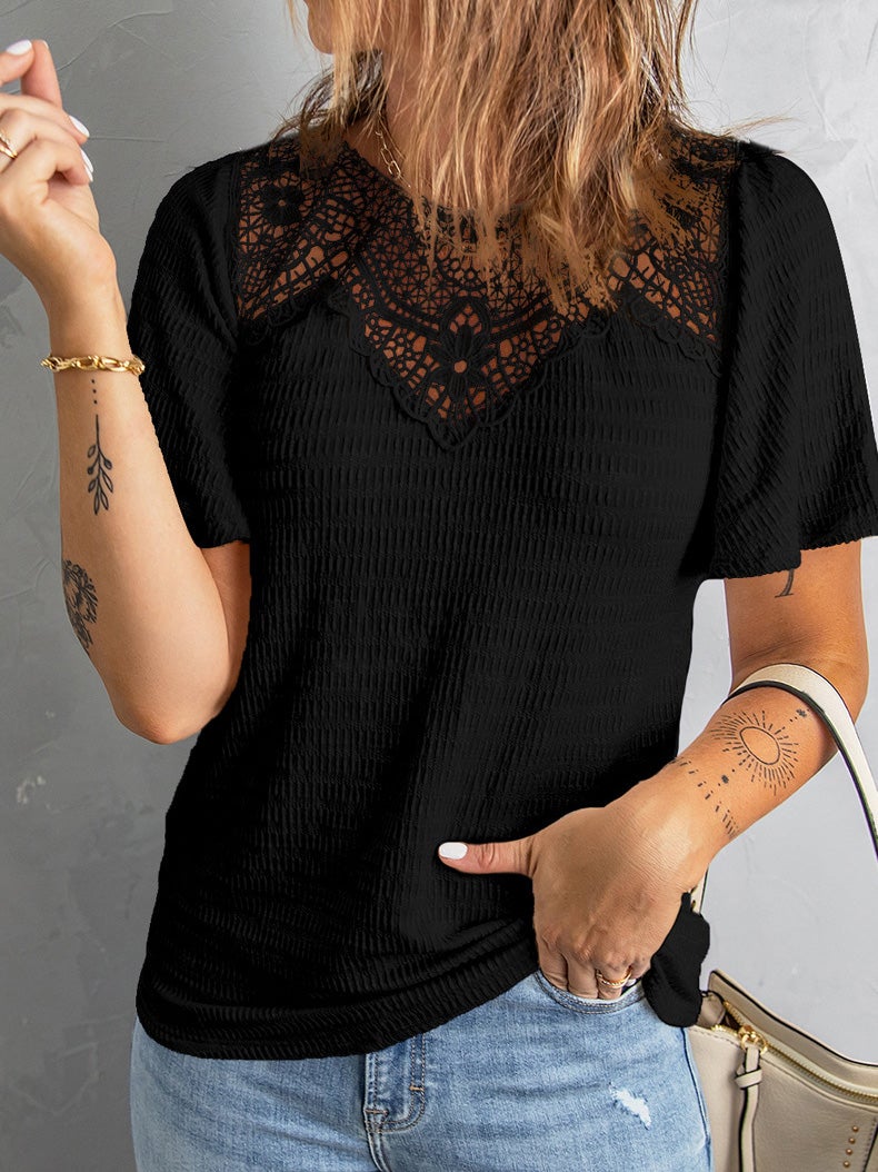 Women's T-Shirts Lace Hollow V-Neck Short Sleeve T-Shirt - T-Shirts - Instastyled | Online Fashion Free Shipping Clothing, Dresses, Tops, Shoes - 15/01/2022 - 30-40 - color-apricot