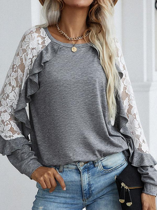 Women's T-Shirts Lace Long sleeve Round Neck Solid Casual T-Shirt - MsDressly