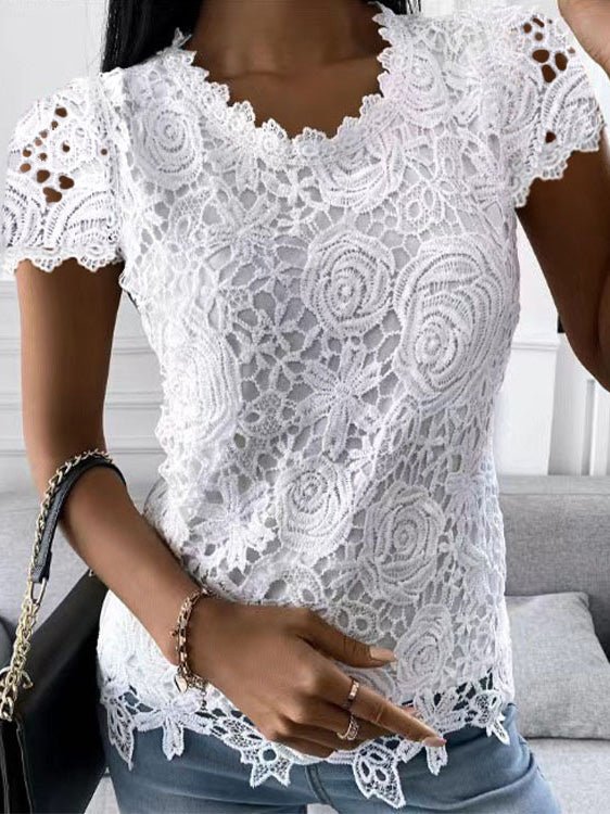 Women's T-Shirts Lace Round Neck Short Sleeve T-Shirt - T-Shirts - Instastyled | Online Fashion Free Shipping Clothing, Dresses, Tops, Shoes - 08/08/2022 - 20-30 - color-black