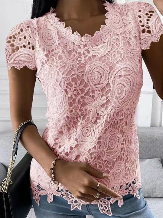Women's T-Shirts Lace Round Neck Short Sleeve T-Shirt - T-Shirts - Instastyled | Online Fashion Free Shipping Clothing, Dresses, Tops, Shoes - 08/08/2022 - 20-30 - color-black