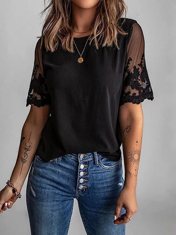 Women's T-Shirts Lace Stitching Round Neck Short Sleeve T-Shirt - T-Shirts - Instastyled | Online Fashion Free Shipping Clothing, Dresses, Tops, Shoes - 14/02/2022 - 20-30 - color-army_green