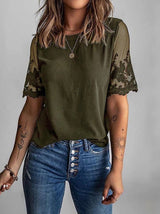 Women's T-Shirts Lace Stitching Round Neck Short Sleeve T-Shirt - T-Shirts - Instastyled | Online Fashion Free Shipping Clothing, Dresses, Tops, Shoes - 14/02/2022 - 20-30 - color-army_green