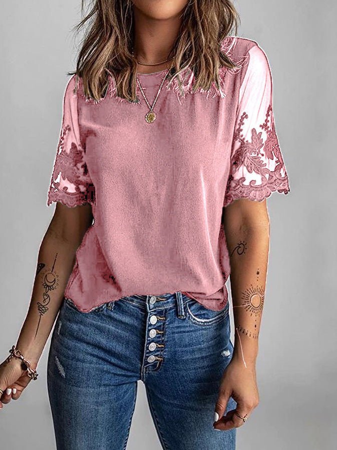 Women's T-Shirts Lace Stitching Round Neck Short Sleeve T-Shirt - T-Shirts - Instastyled | Online Fashion Free Shipping Clothing, Dresses, Tops, Shoes - 14/02/2022 - 20-30 - color-army_green