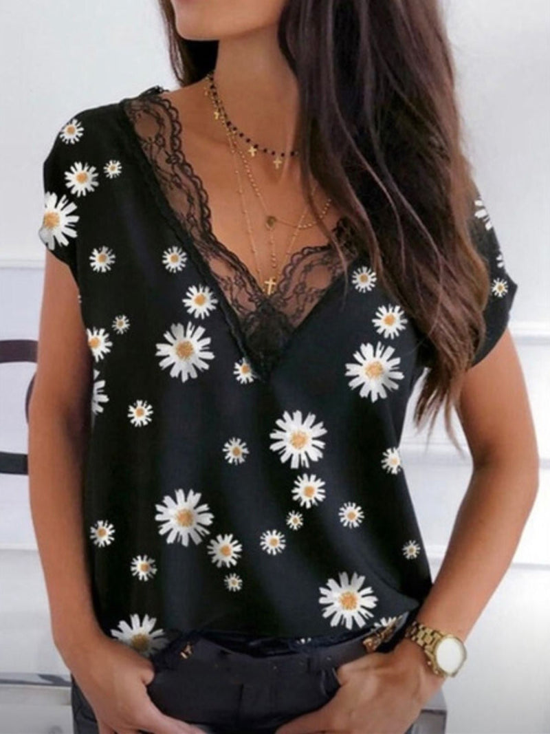 Women's T-Shirts Lace V-Neck Chrysanthemum Short Sleeve T-Shirt - T-Shirts - Instastyled | Online Fashion Free Shipping Clothing, Dresses, Tops, Shoes - 20-30 - 30/12/2021 - color-black