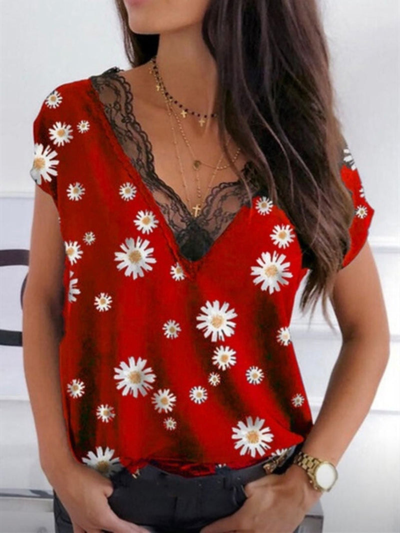 Women's T-Shirts Lace V-Neck Chrysanthemum Short Sleeve T-Shirt - T-Shirts - Instastyled | Online Fashion Free Shipping Clothing, Dresses, Tops, Shoes - 20-30 - 30/12/2021 - color-black